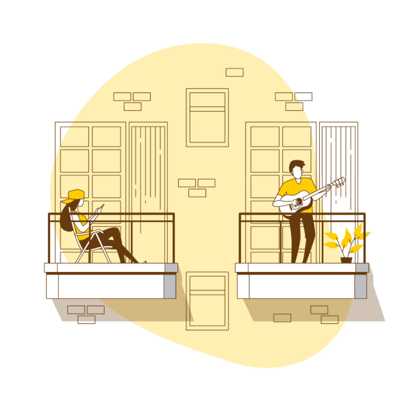 Illustration von zwei Personen auf ihrem jeweiligen Balkon. Die eine Person sitzt auf einem Stuhl und ist am Handy und die andere Person spielt Gitarre