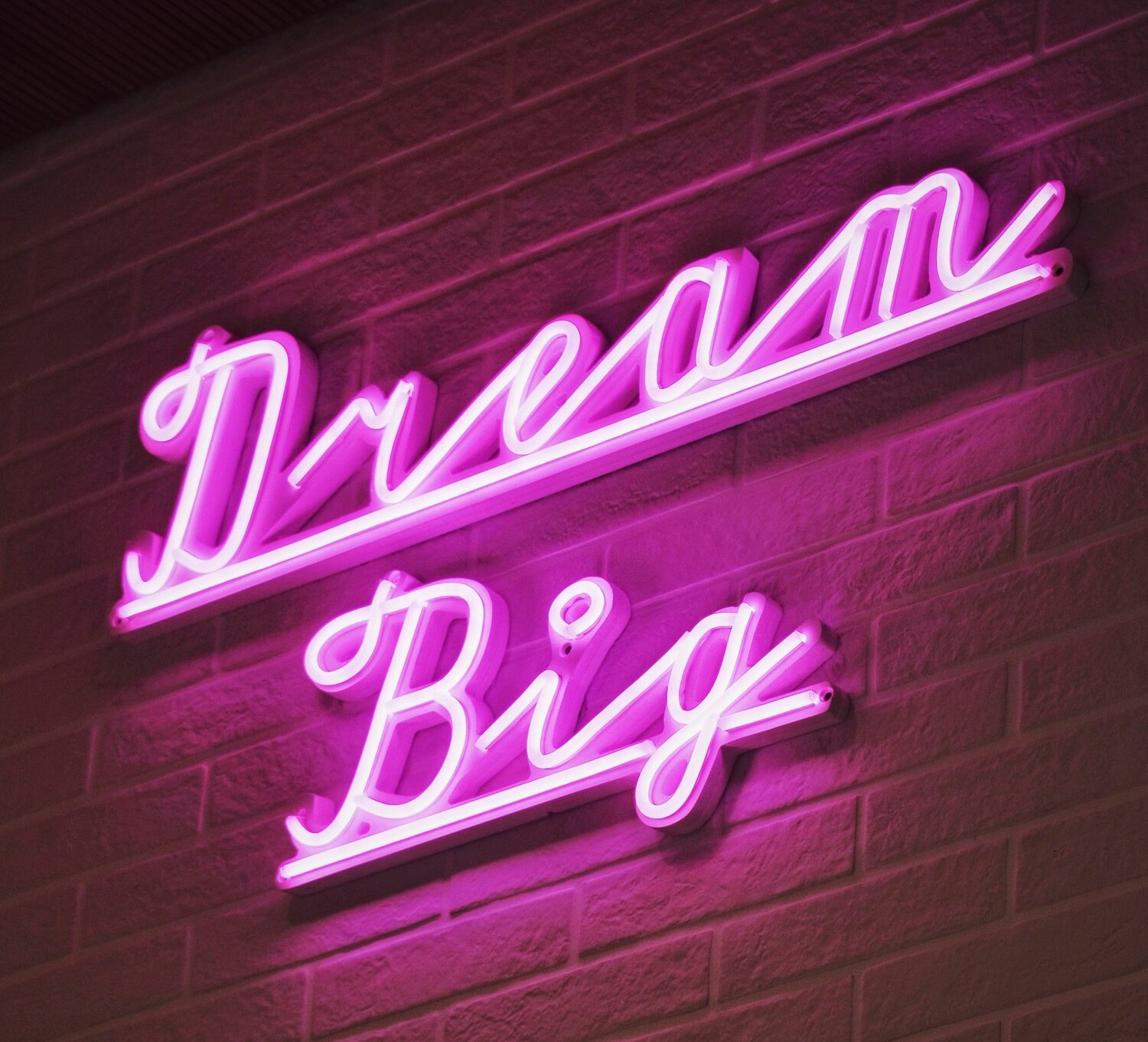 Nahaufnahme eines rosa Leuchtschriftzugs „Dream Big“.