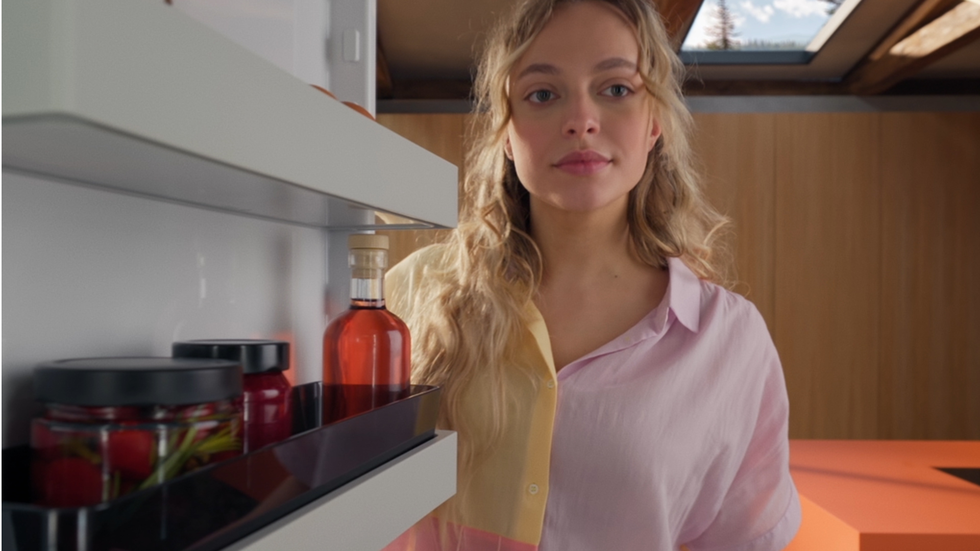 Frau in Rosafarbenem Hemd guckt in Kühlschrank mit roter Flasche